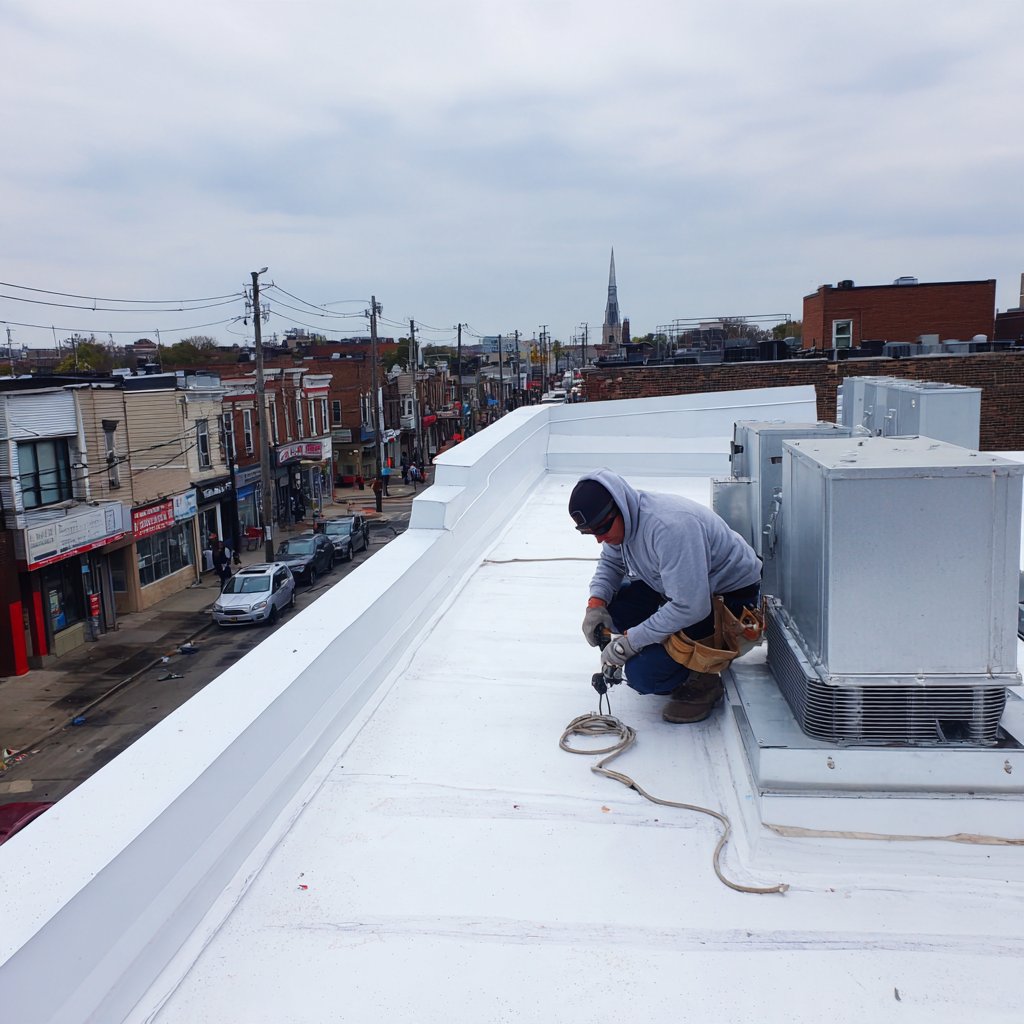 Roofing crew working one section of a commercial roof above open storefronts in Queens, with rooftop HVAC units in place