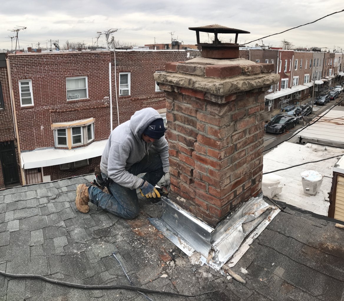 Hearth Roofing flashing repairman fitting new counter flashing around a brick chimney on a Queens roof