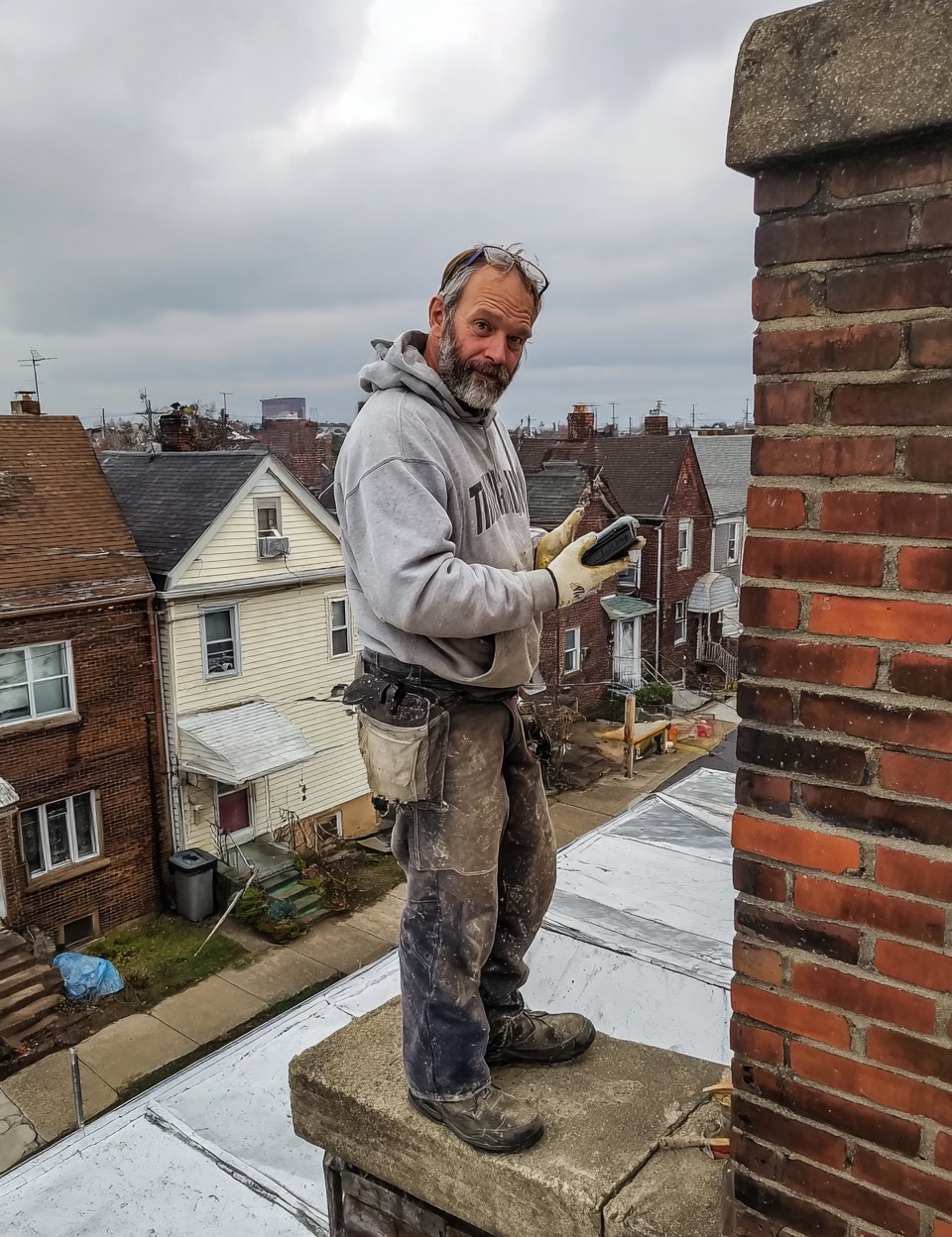 The owner of Hearth Roofing on a Queens rooftop, phone in hand, ready to take a call
