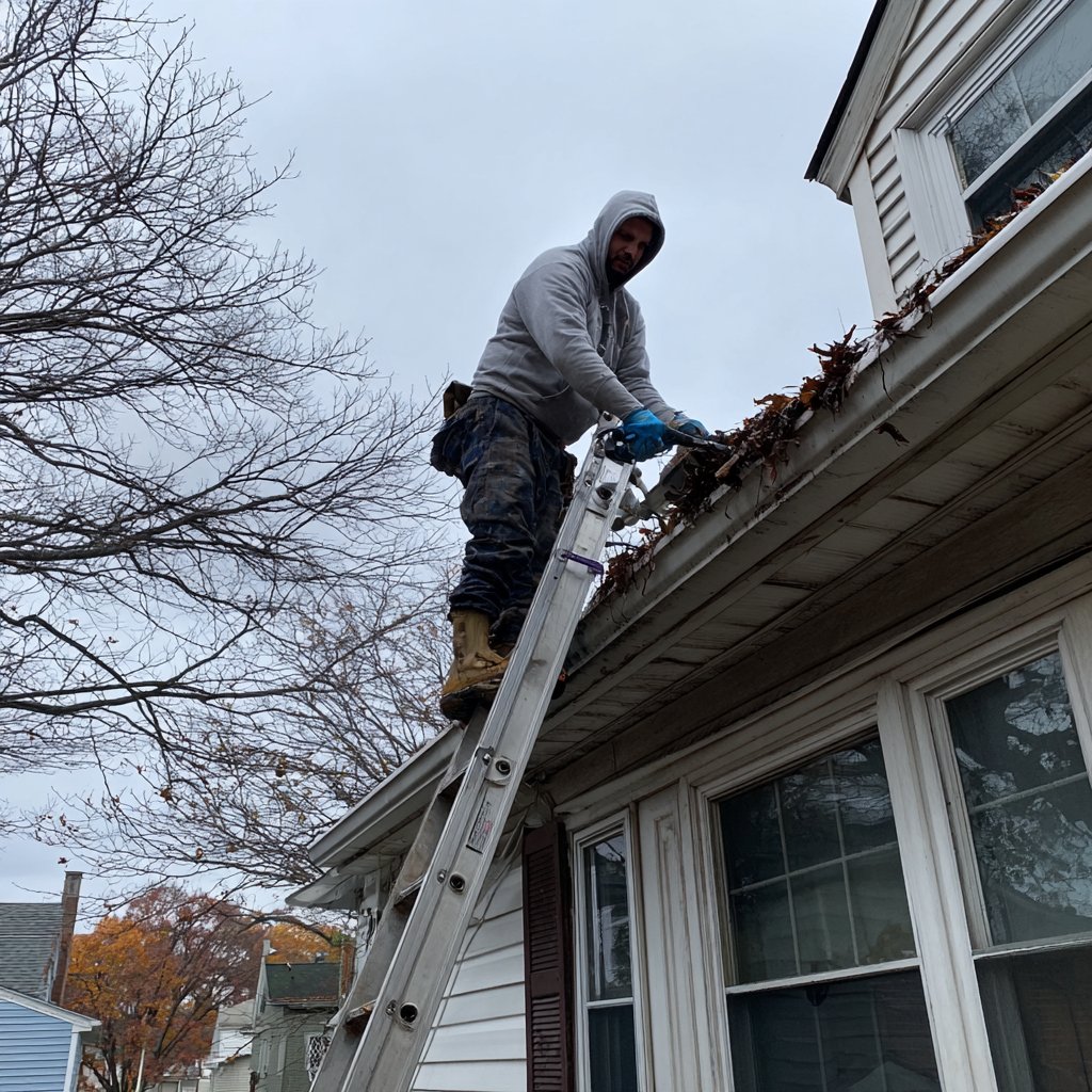 Hearth Roofing crew member on a ladder clearing packed leaves out of the gutter on a two-story Queens house