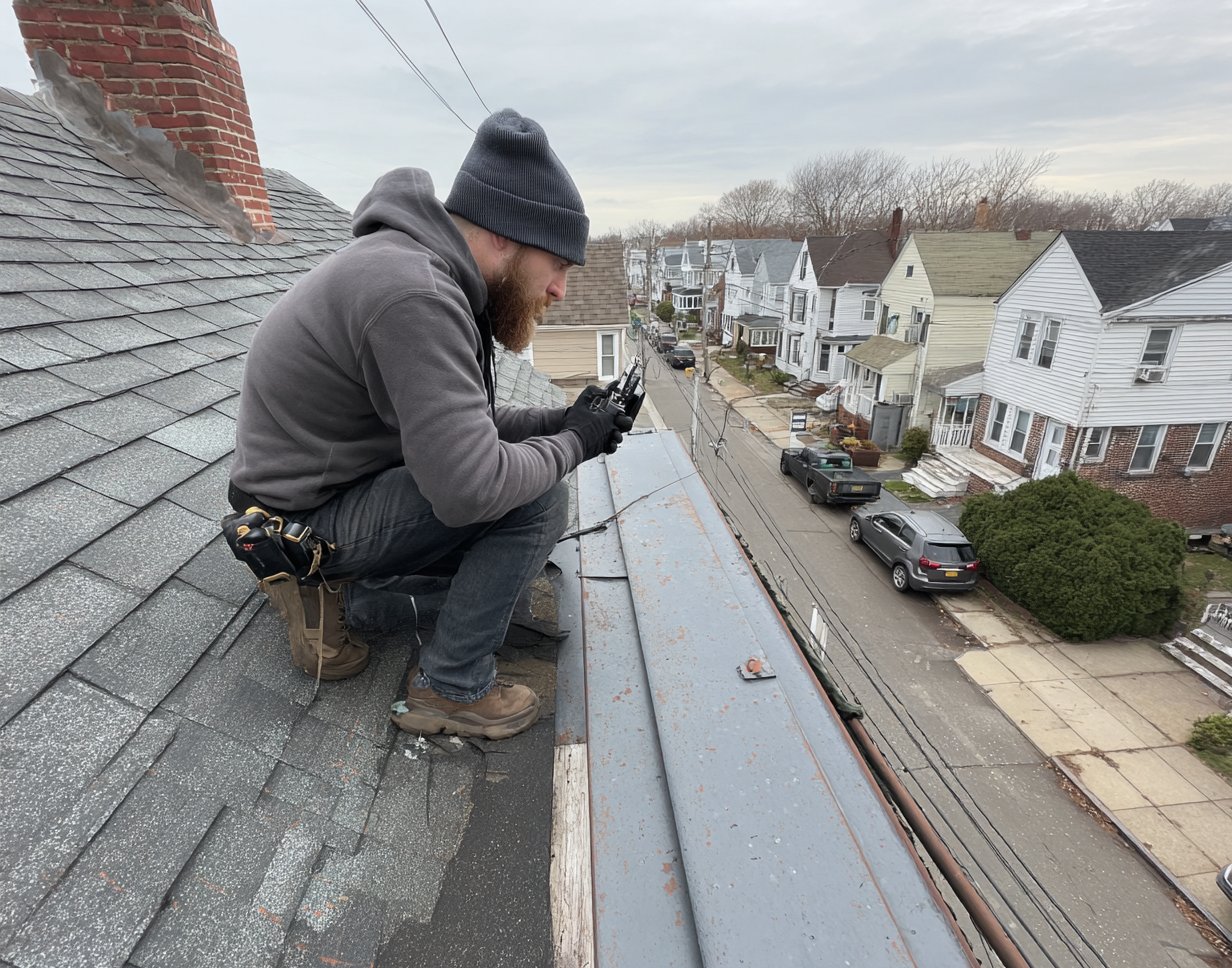 Hearth Roofing roofer photographing wind-lifted shingles and storm-torn flashing on a Queens house roof for an insurance claim