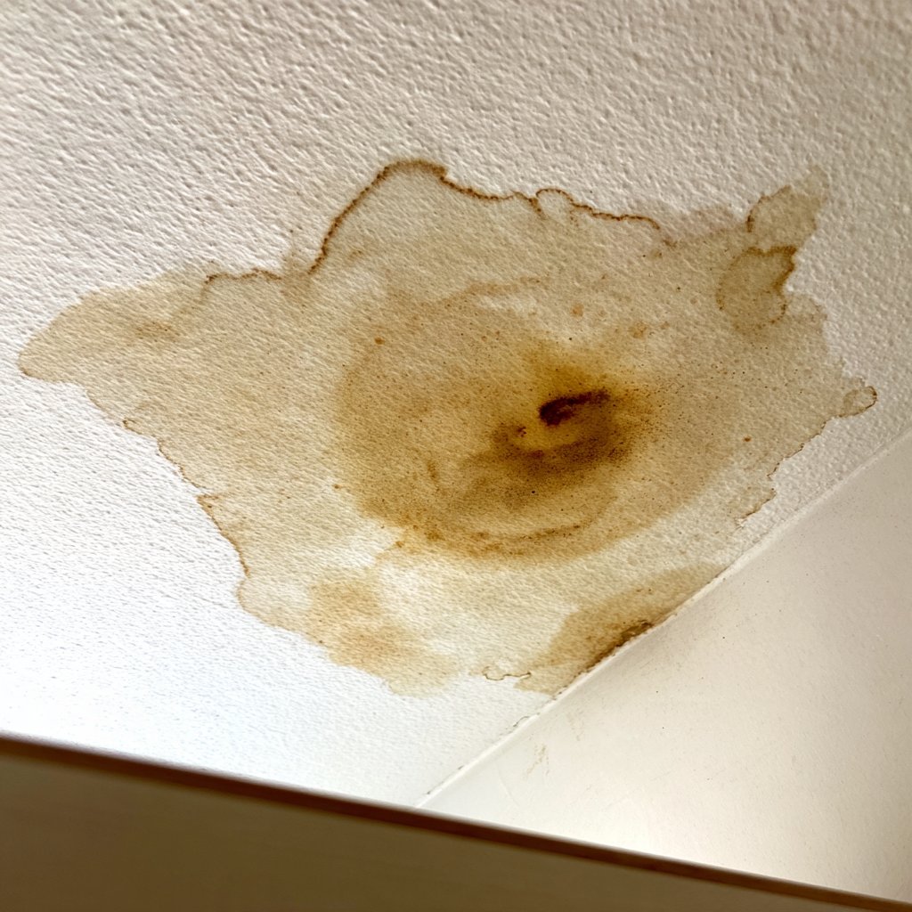 Queens homeowner photographing a fresh ceiling water stain and storm debris in the yard before the insurance adjuster's visit