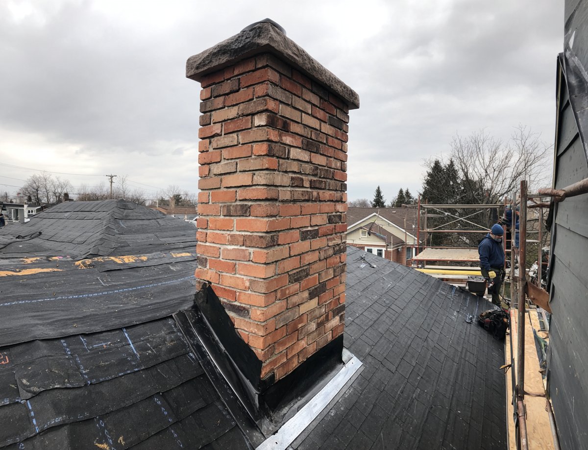 During the job: exposed chimney step flashing and new underlayment photographed before the shingles cover them