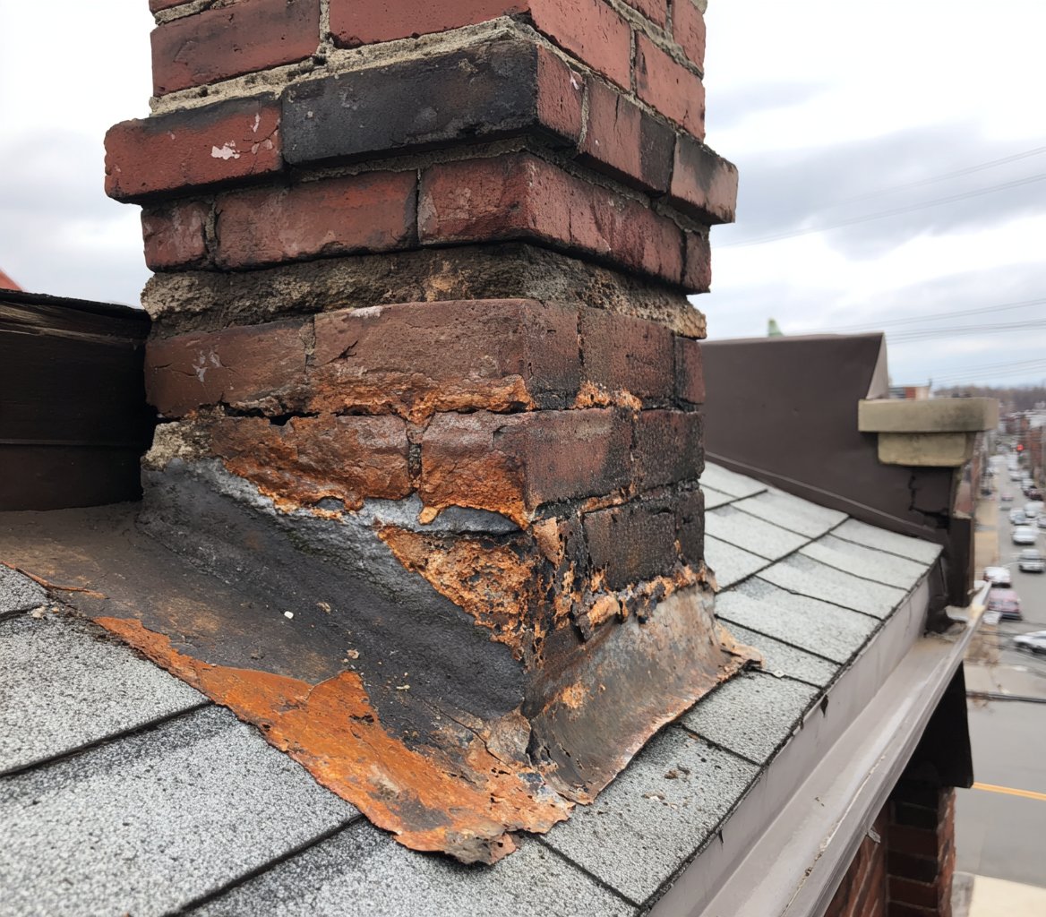 Before: rusted, lifting chimney flashing on the same Astoria row house roof
