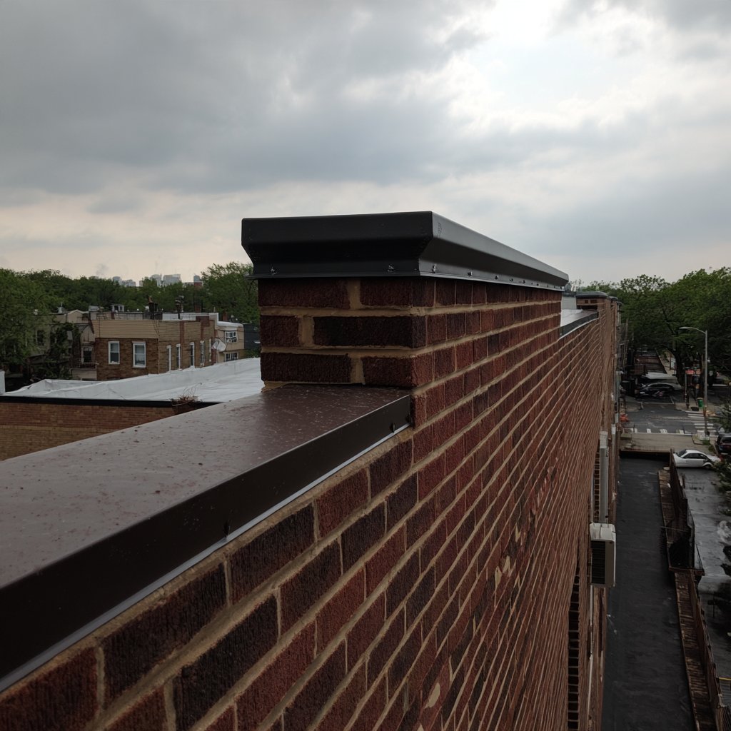 Replaced and capped parapet wall flashing on a mixed-use building in Ridgewood