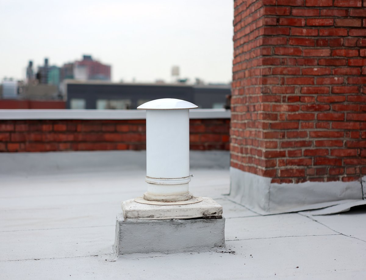 Sealed pipe boot on the EPDM roof of a Long Island City apartment building