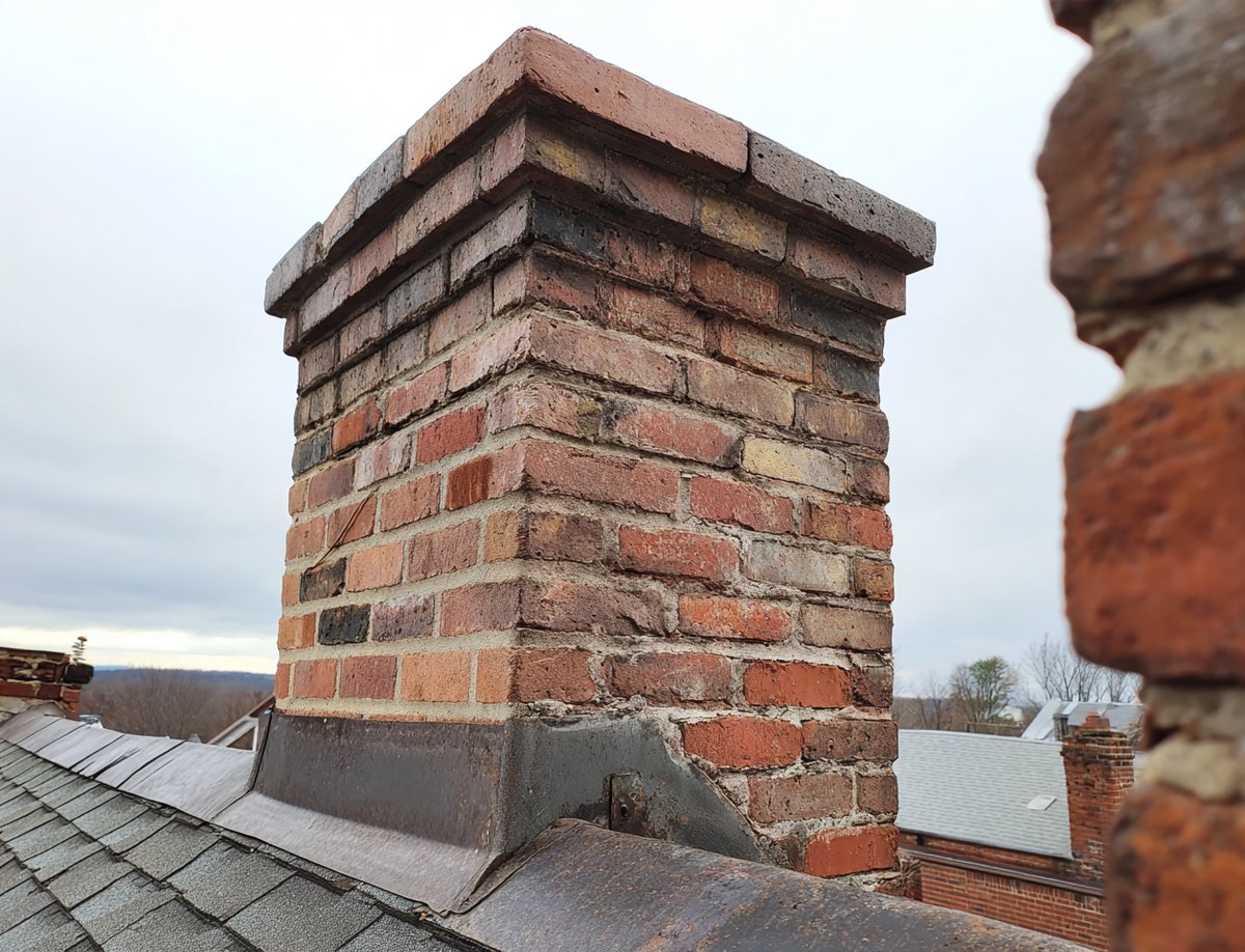 Close-up of finished chimney counter flashing cut into the mortar joint and sealed over step flashing