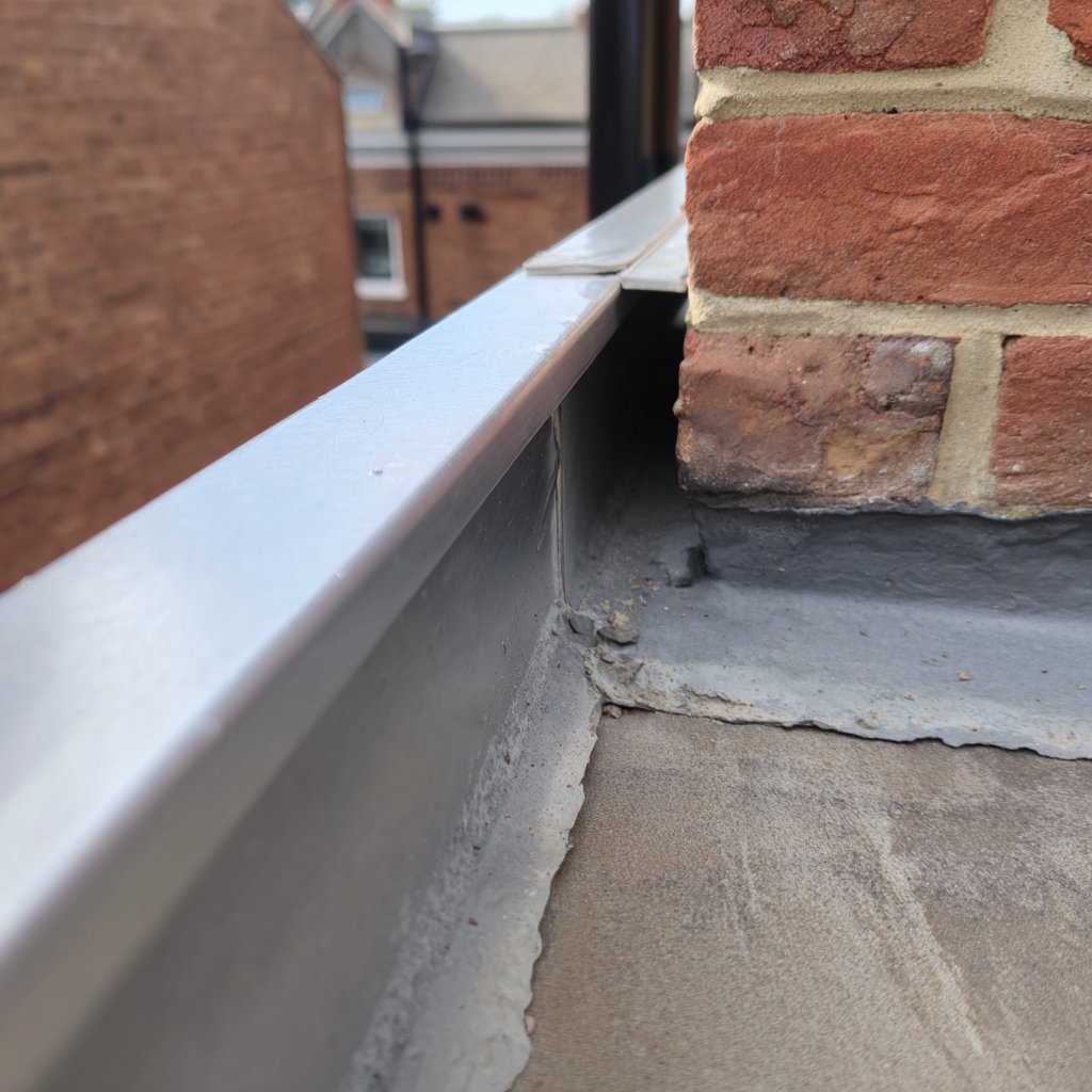 Close-up of new step and counter flashing where a Queens roof meets a brick wall