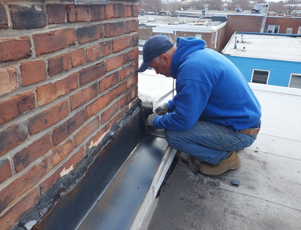 The owner of Hearth Roofing at work, checking flashing on a Queens roof