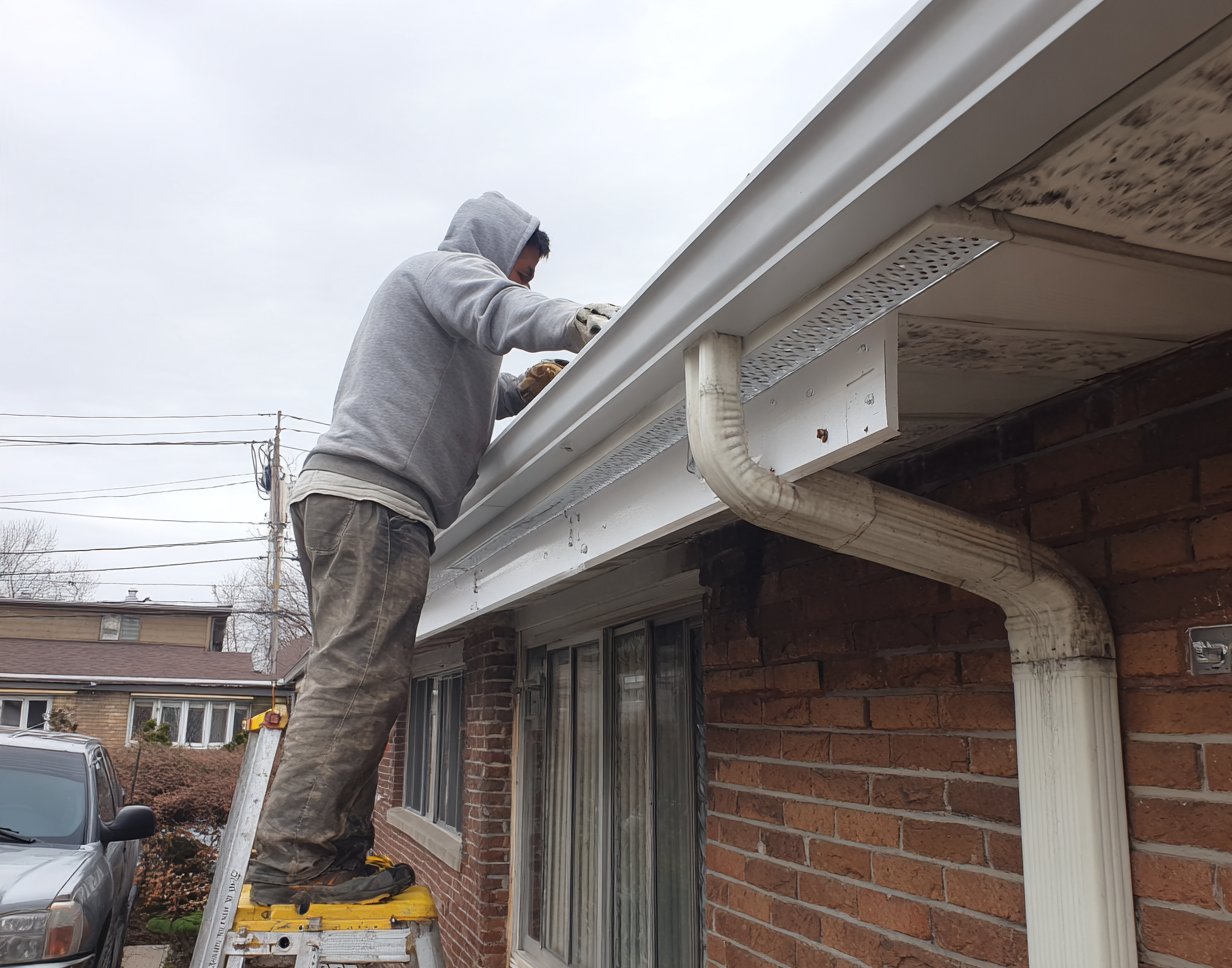 Hearth Roofing roofer fitting a new fascia board at the eave of a Queens home with the gutter taken down