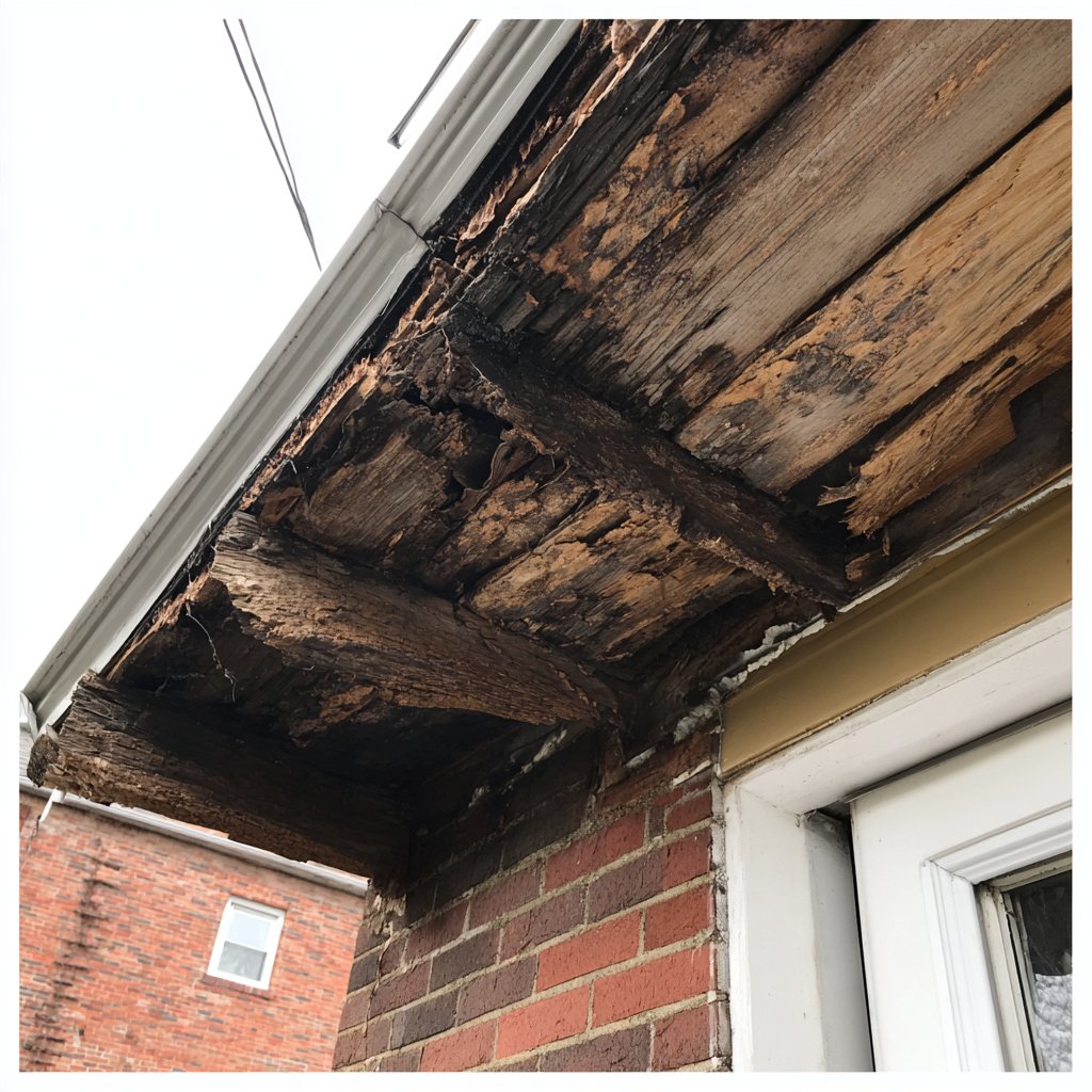 Rotted fascia board and rafter tails exposed at the eave of a Queens row house after the gutter was removed