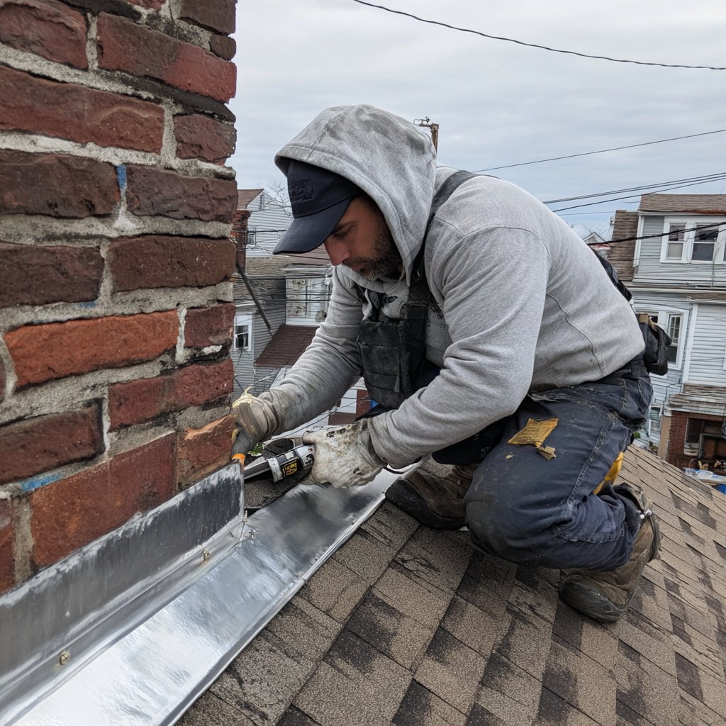 Hearth Roofing roofer resealing chimney flashing on a Queens house during a scheduled maintenance visit