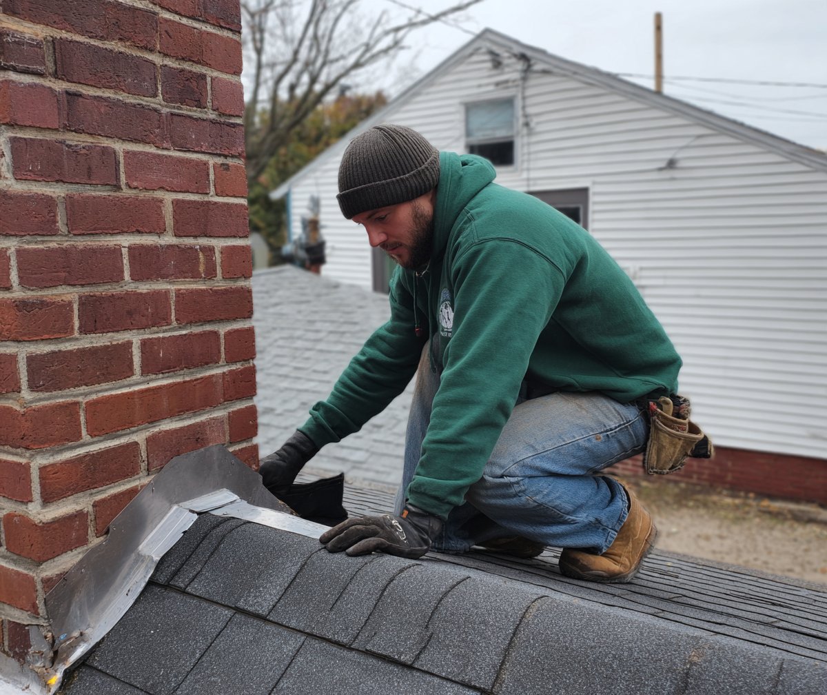 Roofer checking the flashing and seams on a Queens roof during a seasonal maintenance visit