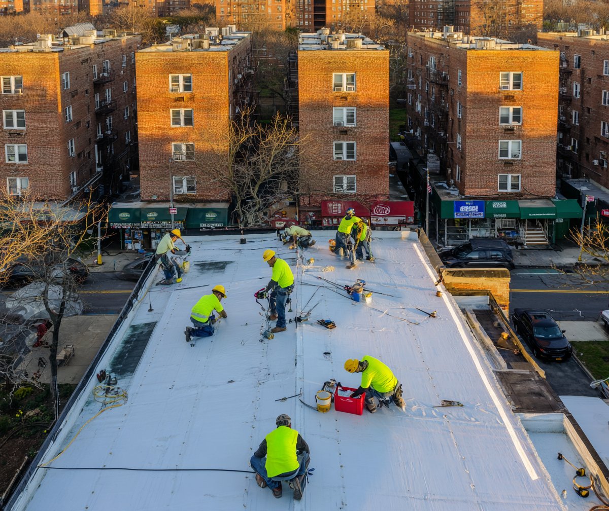 Roofer repairing the flat roof of a Queens retail strip while the stores below stay open
