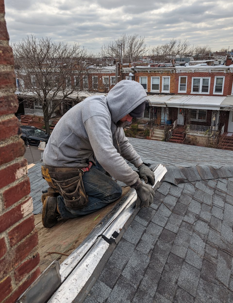 Hearth Roofing roofer checking flashing and shingles on a Queens house roof before deciding between repair and replacement