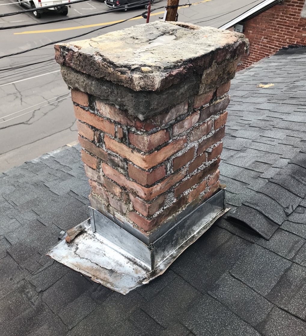 Close view of chimney and step flashing on a Queens roof, the first spots Hearth Roofing checks for a leak