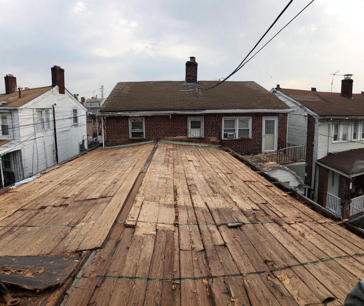 Old shingles stripped down to the roof deck on a Queens house before the new roof goes on