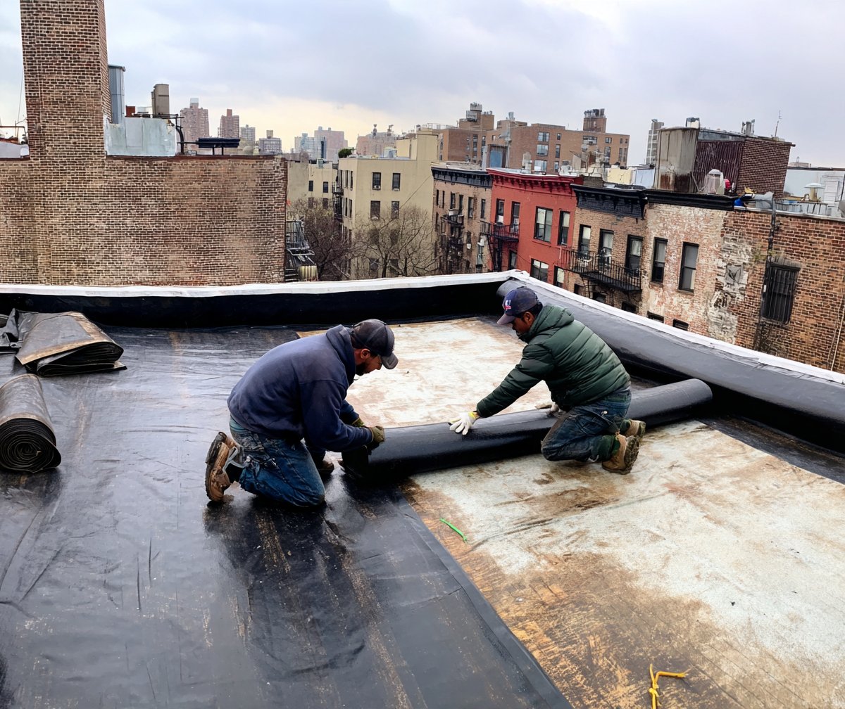 Crew installing a new membrane roof section on a commercial building in Queens