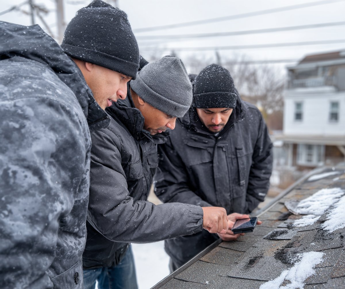 Roofer checking worn shingles and flashing on a Queens roof to decide between repair and replacement